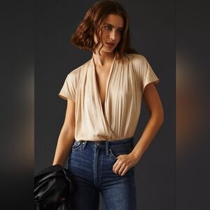 Paige Dijon Satin Bodysuit Blouse S NWT Surplice Front Snap Closure, Beige Shine